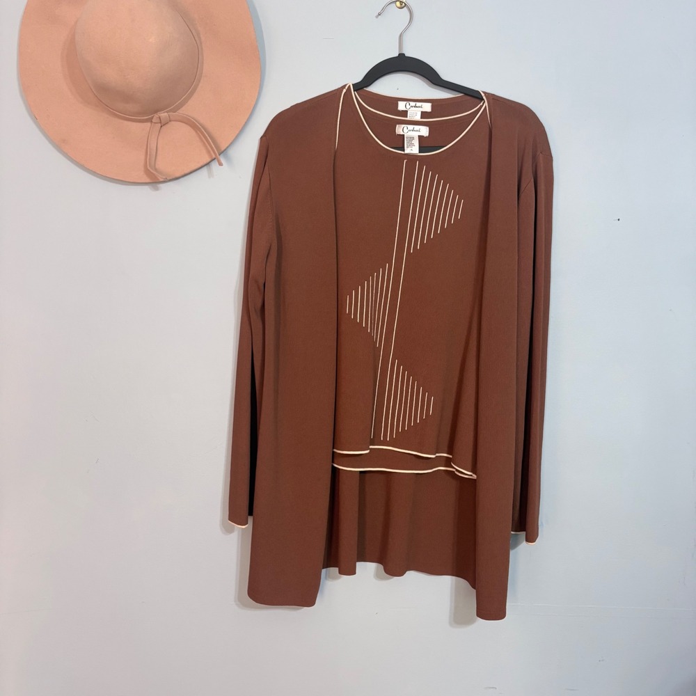 Carducci Vintage Brown Geometric Knit Sweater Set Cardigan Shell XL
